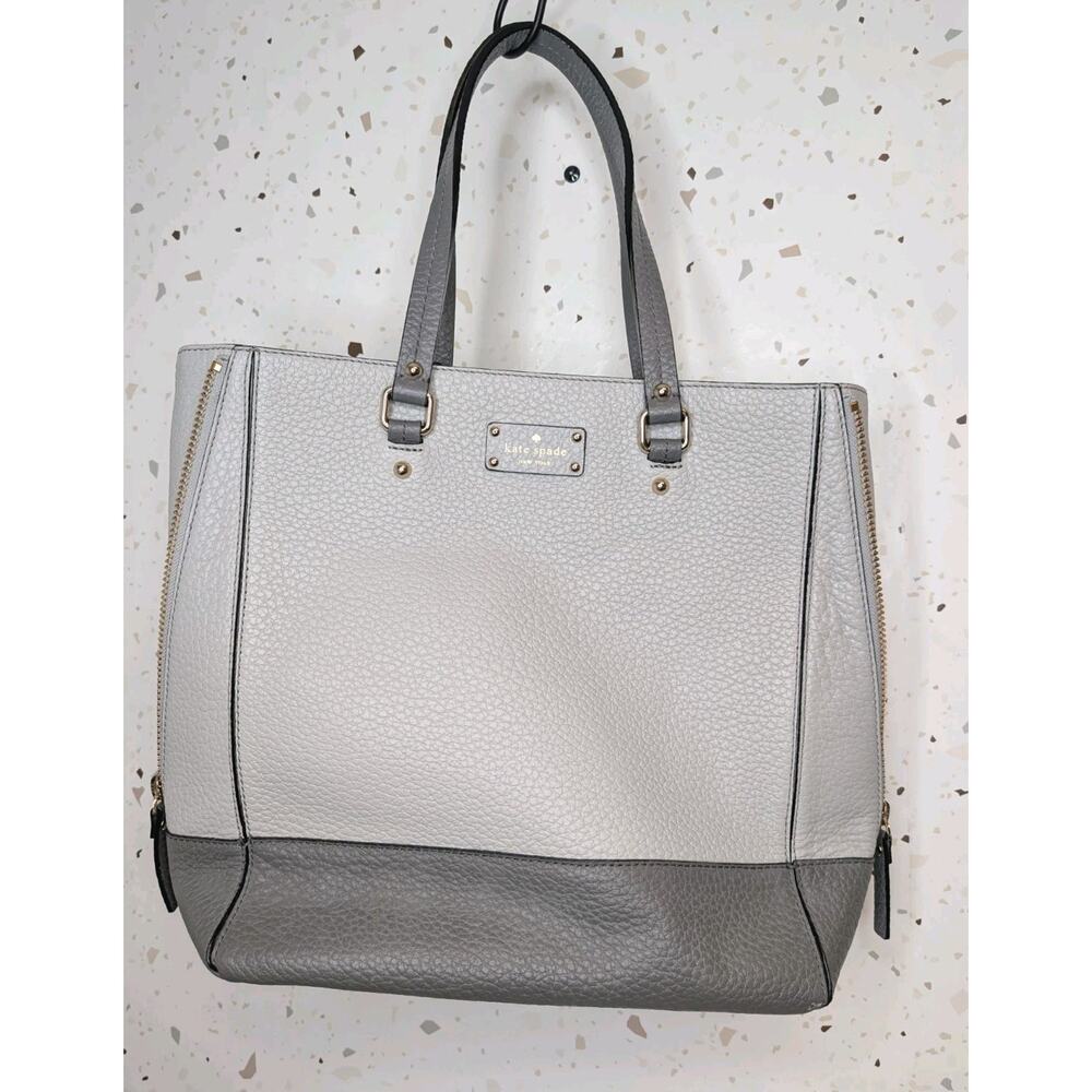 Kate Spade Two Tone Gray Thea Leather Tote Court Zip Sides Large